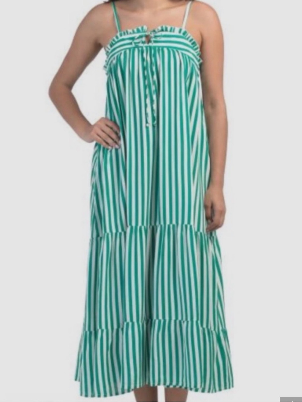 Haute Hippie Women XL Green Striped Beach Coastal Keyhole Tiered Maxi Dress NWT